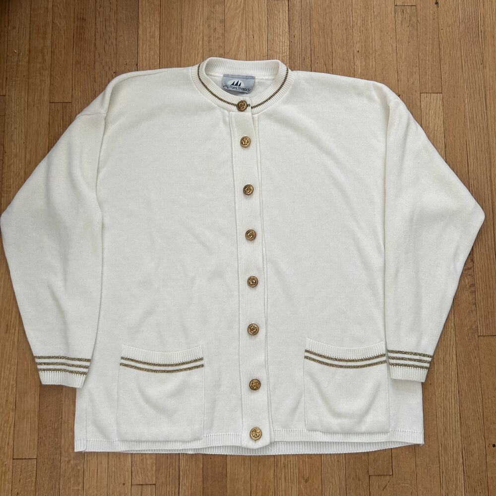 Bay Point Vintage Preppy Cardigan White Sweater Womens XL Tennis Prep
